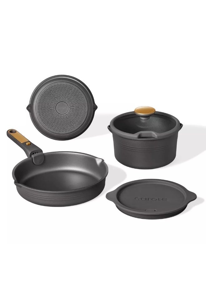 Carote 10-Piece Nonstick Cookware Set with Detachable Handle, Stackable Pots & Pans, PFOA-Free Aluminum Healthy Cooking Set with Pour Spouts, All Kitchen Stovetop Compatible, Dishwasher Safe (Black) - Image 3